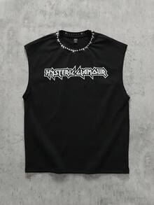 ROMWE MEN 男士街头风字母图案铆钉细节背心，夏季时尚 - 黑色 - 查看 6