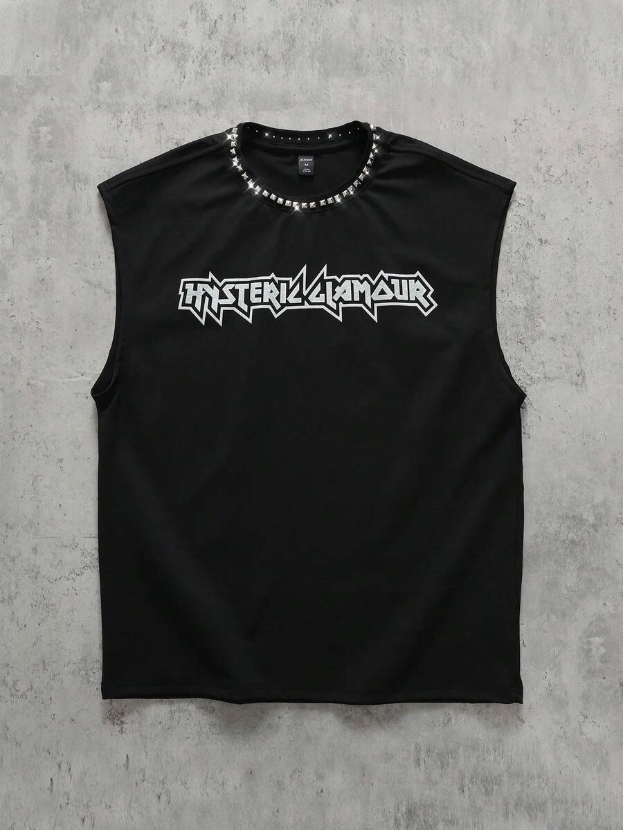 ROMWE MEN 男士街头风字母图案铆钉细节背心，夏季时尚 - 黑色 - 查看 1