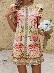 SHEIN Clasi 豹纹羊腿袖圆领复古夏季连衣裙，适合女性，是妇女节送给妈妈的优雅礼物，也是节日、海滩约会、海滩度假的理想之选。这款连衣裙采用热带风情设计，适合夏季穿着，是热带度假、海滨度假、岛屿风情、棕榈印花等多种场合的完美搭配。它既有波西米亚风情，又有热带印花，适合休闲度假、春装、节日装扮，以及热带印花、沙滩装和泡泡袖等多种风格。 - 彩色 - 查看 8