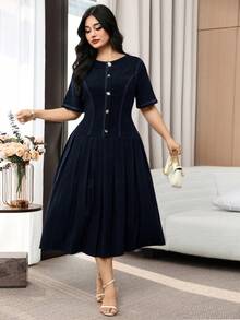 Modelyn Plus Size Solid Color Round Neck Metal Decor Casual Short Sleeve Dress - Navy Blue - View 5