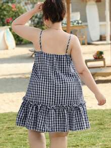 SHEIN EZwear Plus Size Women's Summer Casual Vacation Style Patterned Print Ruffle Hem Loose Strap Dress - Navy Blue - View 2
