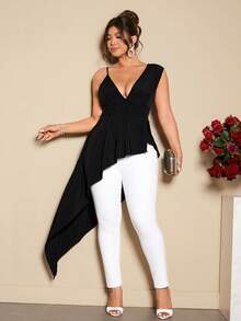 Cravure 大码女式吊带V领褶皱不对称下摆优雅衬衫 - 黑色 - 查看 7