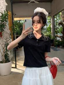 DAZY 女士休闲翻领短袖T恤，春夏款 - 黑色 - 查看 6