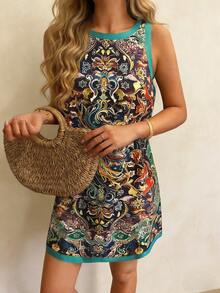 Vaclyn 女士印花无袖休闲连衣裙，适合度假 - 彩色 - 查看 3