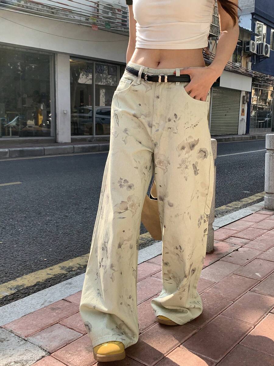 DAZY Quần jeans nữ dáng rộng, in họa tiết toàn thân, chất liệu wash, phong cách Hàn Quốc. - Màu xanh lam - Xem 1