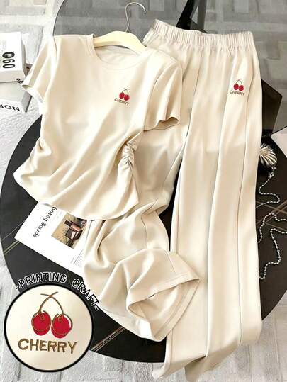SHEIN Women's Spring/Summer New Arrival Exquisite Cherry Print Casual 2 Pieces Set