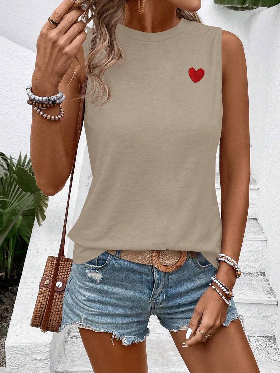 SHEIN VCAY Áo hai dây cổ tròn in hình trái tim thời trang mới dành cho nữ - Màu Khaki - Xem 1