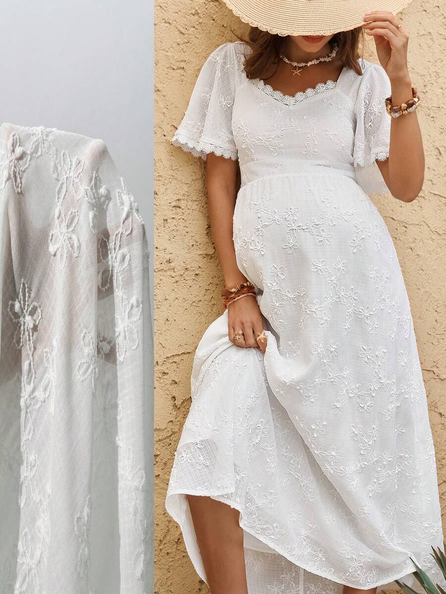 Boho Mama Pregnant Women's Summer Vacation Casual Sweetheart Collar Dress - White - View 1