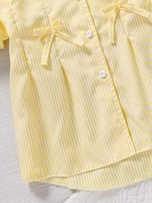 SHEIN Vintaside Kids 条纹前开襟短袖休闲衬衫，灯笼袖，腰部蝴蝶结褶裥A字版型，修身显瘦，适合通勤、度假休闲等场合，夏季穿着。 - 黃色 - 查看 5