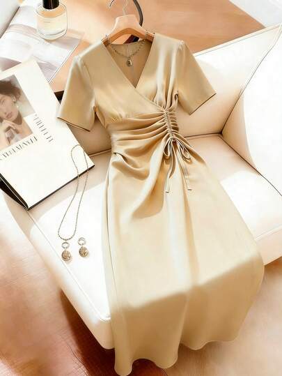 Franclia New Drawstring V-Neck Slimming Short Sleeve Women Dress