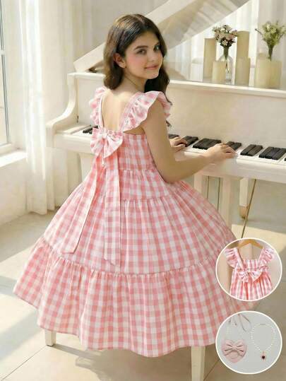 Sparklyn Vestido a cuadros casual y lindo con volantes y decoración de lazo para niñas preadolescentes