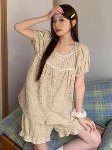 DAZY Summer Sweet Polka Dot Rabbit Print Contrast Trim Women Pajama Set - White - View 12