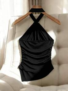 Franclia 黑色金属装饰无袖露脐上衣，针织修身夏季休闲背心，不对称下摆 - 黑色 - 查看 2