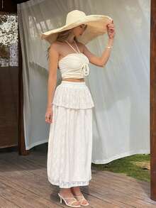 Livesso Spring & Summer Hollow Lace Patchwork Skirt, Casual Vacation Beach Chiffon A-Line Skirt, Elegant Commuting Skirt For Women - Beige - View 5
