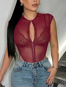 SHEIN SXY 性感网纱透视纯色前扣无袖连体衣 - 酒紅色 - 查看 5