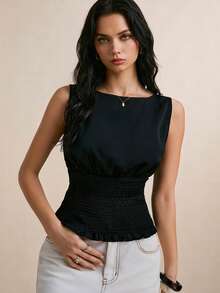 Poéselle 女士休闲纯黑色圆领套头衫，夏季，黑色收腰无袖上衣，优雅休闲夏季吊带衫，弹力修身工作衬衫，法式风格上衣 - 黑色 - 查看 6