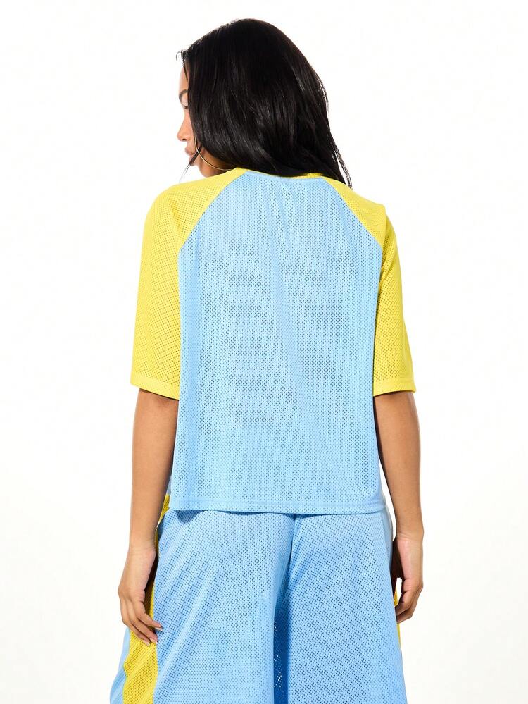 SUMWON Boxy Fit Oversized Mesh Varsity T-Shirt With Raglan Sleeves Color Block Design Casual Short Sleeve Top Spring Summer Fashion