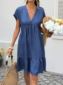 SHEIN LUNE 女士休闲V领娃娃裙 - 藍色 - 查看 5