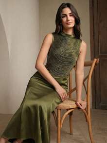 Anewsta 2 Pieces Sleeveless High Neck Fringe Patchwork Satin Fishtail Dress, Retro Chic & High-End - Green - View 3