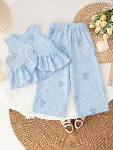 LMoss Kids 2件套女婴条纹花卉图案休闲背心和打底裤套装 - 粉色 - 查看 4