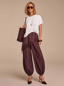 女士优雅蕾丝拼接灯笼裤，波西米亚风，柔软百搭，适合通勤、办公、户外、海滩、春季穿着。 - 棕色 - 查看 2