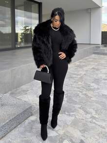 Vassilux Fashionable Solid Color Faux Fur Jacket, Autumn/Winter - Black - View 3