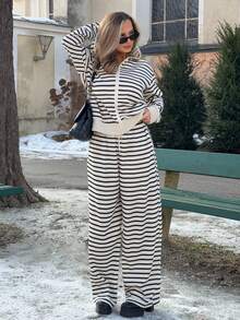 Jeta Ari 女士条纹连帽衫和宽松裤子两件套，休闲风格，秋季 - 米色 - 查看 5