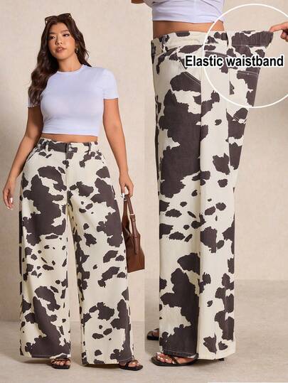 Elaquor Plus Size Casual Retro Cow Print Denim Jeans