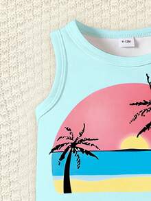 SHEIN Playful Pals 2pcs Baby Boy Casual Vacation Sunset Print Tank Top And Shorts Set, Suitable For Outdoor Summer - Multicolor - View 4