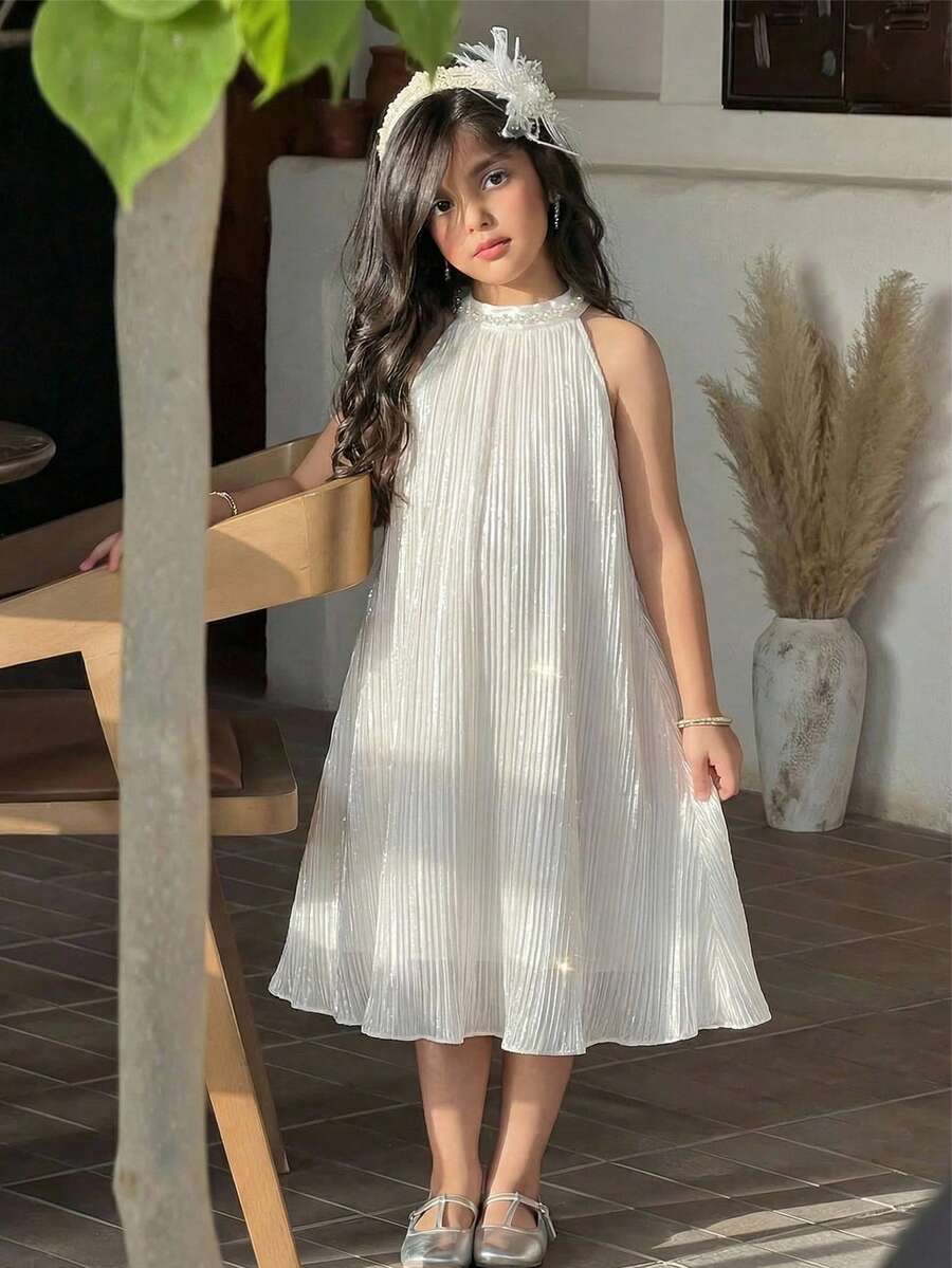 SHEIN Vestido sin mangas y sin espalda de moda minimalista informal para niña preadolescente, versátil para salidas, hogar, vacaciones y uso diario - Blanco - Ver 1