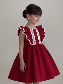 Emery Rose Kids Emery Rose Kids Vestido casual con cuello redondo, volantes en el bajo y contraste de colores para niña - Rojo - Ver 3