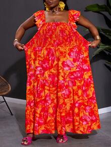 SHEIN CURVE+ Curve 尺码 US22 音乐节、海滨度假、波西米亚风休闲印花连衣裙，波西米亚风格 - 橘色 - 查看 9