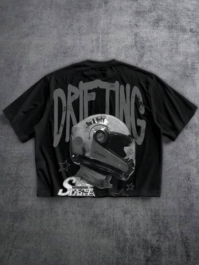 Manfinity ZONE917 Boxy Cropped Loose Distressed F1 Racer Start Star Print Short Sleeve T-Shirt, Street Style Clothing, Gift For Friends