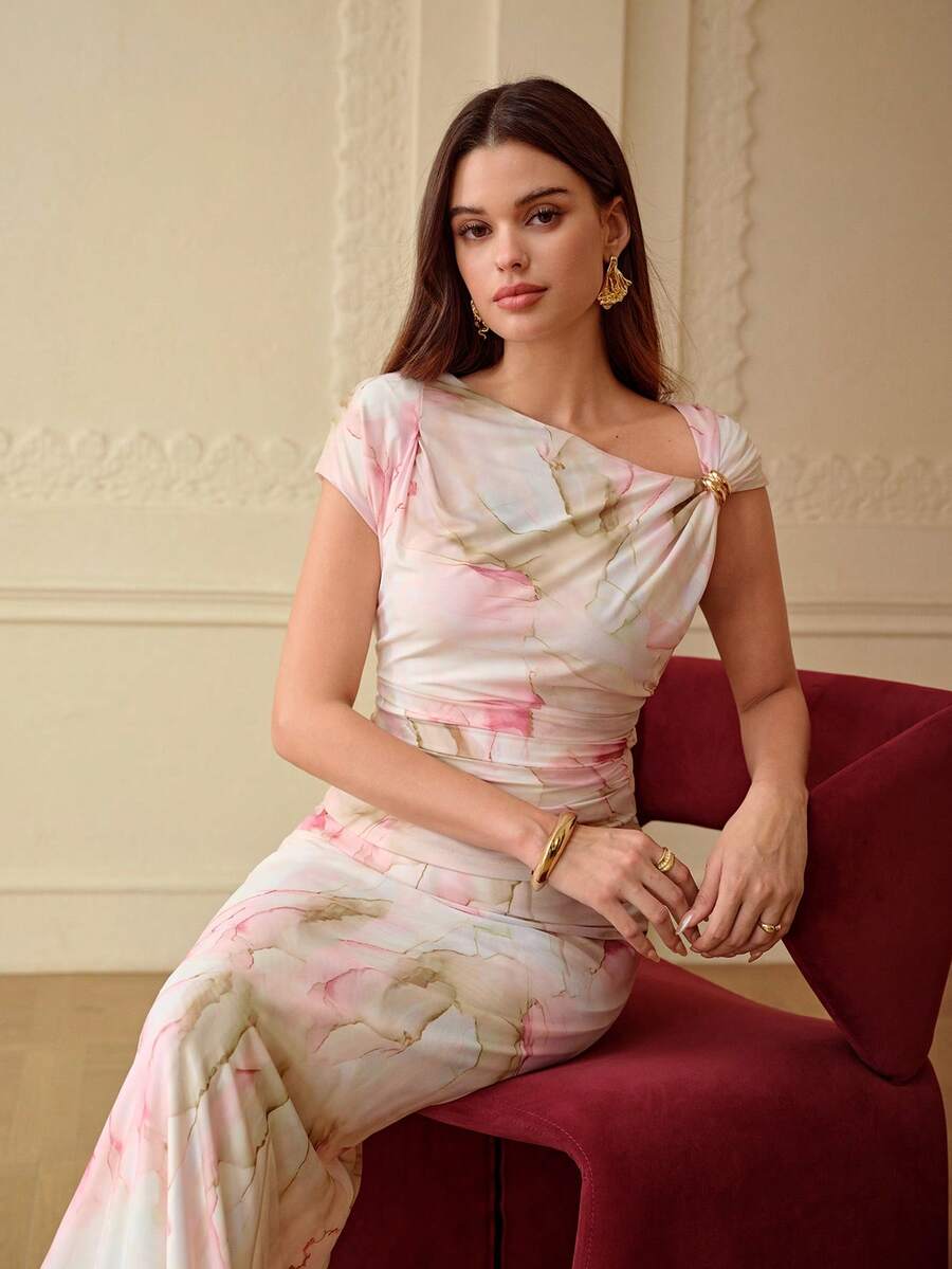 ZEYLAH 浪漫不对称肩部短袖印花衬衫，春夏款 - 粉色 - 查看 1