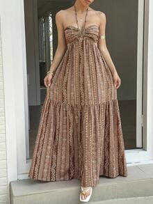 Sunnyshic 女士复古全印花露背吊带连衣裙，夏季 - 咖啡 - 查看 5