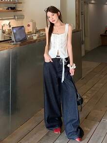 DAZY 女士休闲通勤蕾丝边阔腿牛仔裤 - 藍色 - 查看 3