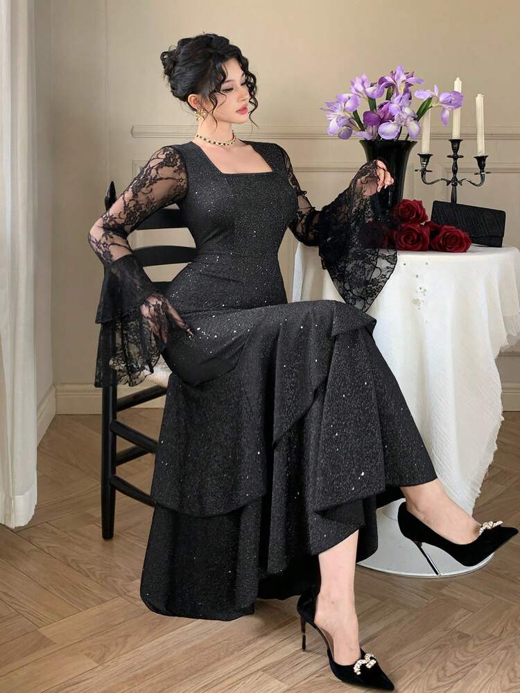 Women's Elegant Lace Patchwork Square Collar Ruffle Flare Sleeve Asymmetric Mid-Length Dress, Spring/Summer,Wedding Guest Dress Women Sundress