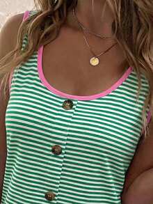 Selamara Nueva camiseta sin mangas de verano para mujer, de moda casual y versátil, con estampado floral a rayas y contraste de color en el cuello - Multicolor - Ver 3