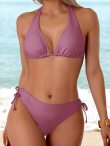 Swim Vcay Swimsuits For Woman Summer Beach Mono Bikini Set Tie Backless Halter Wireless Bra & Tie Side Bottom 2 Pieces Bikini - Lilac Purple - View 1