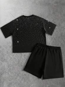 ROMWE MEN Street Life Men's Rhinestone Decor Round Neck Short Sleeve T-Shirt And Drawstring Waist Shorts Set - Black - View 2