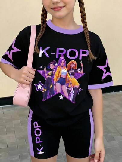 2pcs/Set Tween Girls Casual K-Pop Cartoon Girl Pentagram Color Block Short Sleeve Crew Neck T-Shirt And Matching Shorts Set, Comfortable Knit Outfit For Girls Daily Vacation, Purple T-Shirt Set