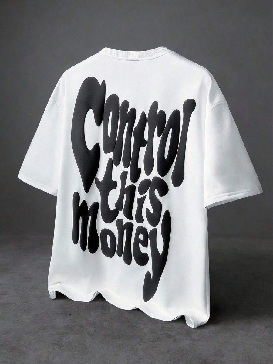 PAVTROS 男士落肩烫金短袖T恤，男士泡沫印花“掌控金钱”标语T恤，情人节，春夏，送男友的礼物，狂欢节，复古，街头服饰，派对，圣帕特里克节，外出 - 白色 - 查看 1