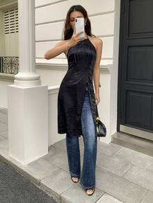 EastFlair Elegant Black Chinese Style Halter Top For Women,Summer Party Night Spaghetti Strap Bow Slit Fashionable Solid Color Beach Vacation Outfits - Black - View 3