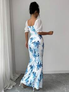 Elenzga Vestido midi de mujer con cuello cuadrado, estampado floral, manga corta, lazo en la cintura. Elegante para uso diario, vacaciones, salidas, fiestas, primavera/verano - Multicolor - Ver 2