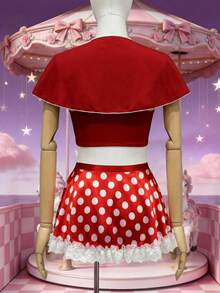 4pcs Set: Polka Dot Lace Dress, Bow Blouse, Red Cape - Red and White - View 8