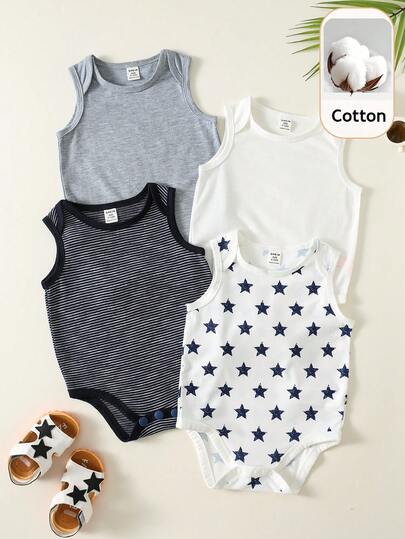 SHEIN 4pcs Newborn Baby Unisex Clothes, Cute Summer Knitted Casual Striped & Solid Color Print Romper, Basic Multi-Pack