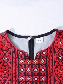 SHEIN 少女喇叭袖长连衣裙，圆领，数码印花复古风，时尚复古派对礼服 - 紅色 - 查看 4