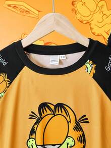 GARFIELD | SHEIN Bộ đồ mặc nhà 2 mảnh dành cho bé trai tuổi teen, in hình hoạt hình, phối màu vàng tương phản, gồm áo thun dài tay và quần dài in họa tiết toàn thân. - Màu vàng - Xem 8