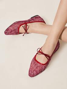 CUCCOO CHICEST 2025春秋新款婚礼风网纱玛丽珍鞋，饰有蝴蝶结，纯色舒适休闲方头平底鞋，百搭 - 中紫紅色 - 查看 2