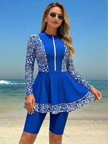 Swim Mulvari 两件套女士布基尼泳衣套装，花卉印花层叠荷叶边设计，蓝色度假风布基尼泳装套装 - 藍色 - 查看 3